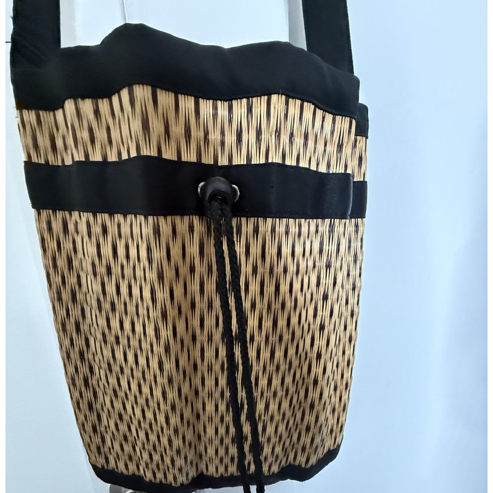 Baskets of Cambodia Woven Drawstring Bucket Crossbody Bag Tan Black Pockets Boho
